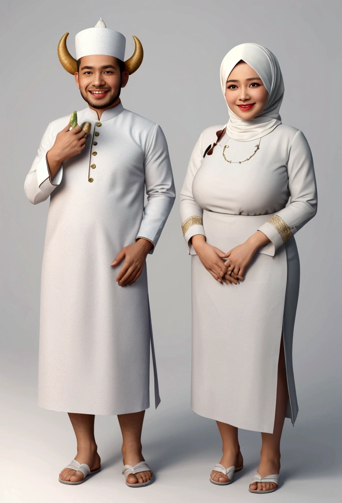 realistic caricature of an Indonesian husband and wife couple, 30 years old, the man wearing a white songkok, white Muslim clothes and sarong with flip-flops and the woman wearing a hijab in white Muslim clothes, holding a large goat and cow with a big smile and 3D caricature style, white background, Very sharp, ultra realistic image, 32K i