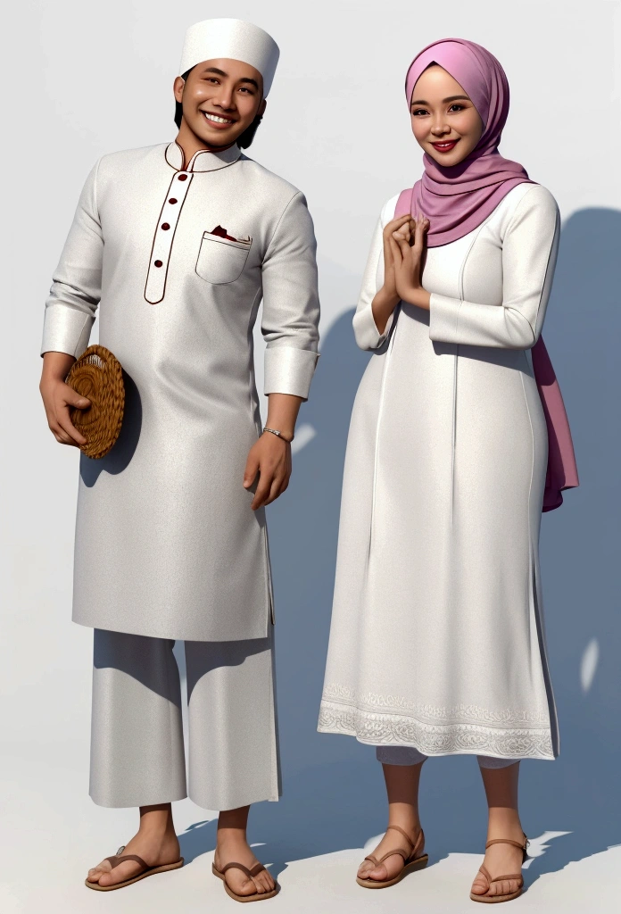 realistic caricature of an Indonesian husband and wife couple, 30 years old, the man wearing a white songkok, white Muslim clothes and sarong with flip-flops and the woman wearing a hijab in white Muslim clothes, holding a large goat and cow with a big smile and 3D caricature style, white background, Very sharp, ultra realistic image, 32K i