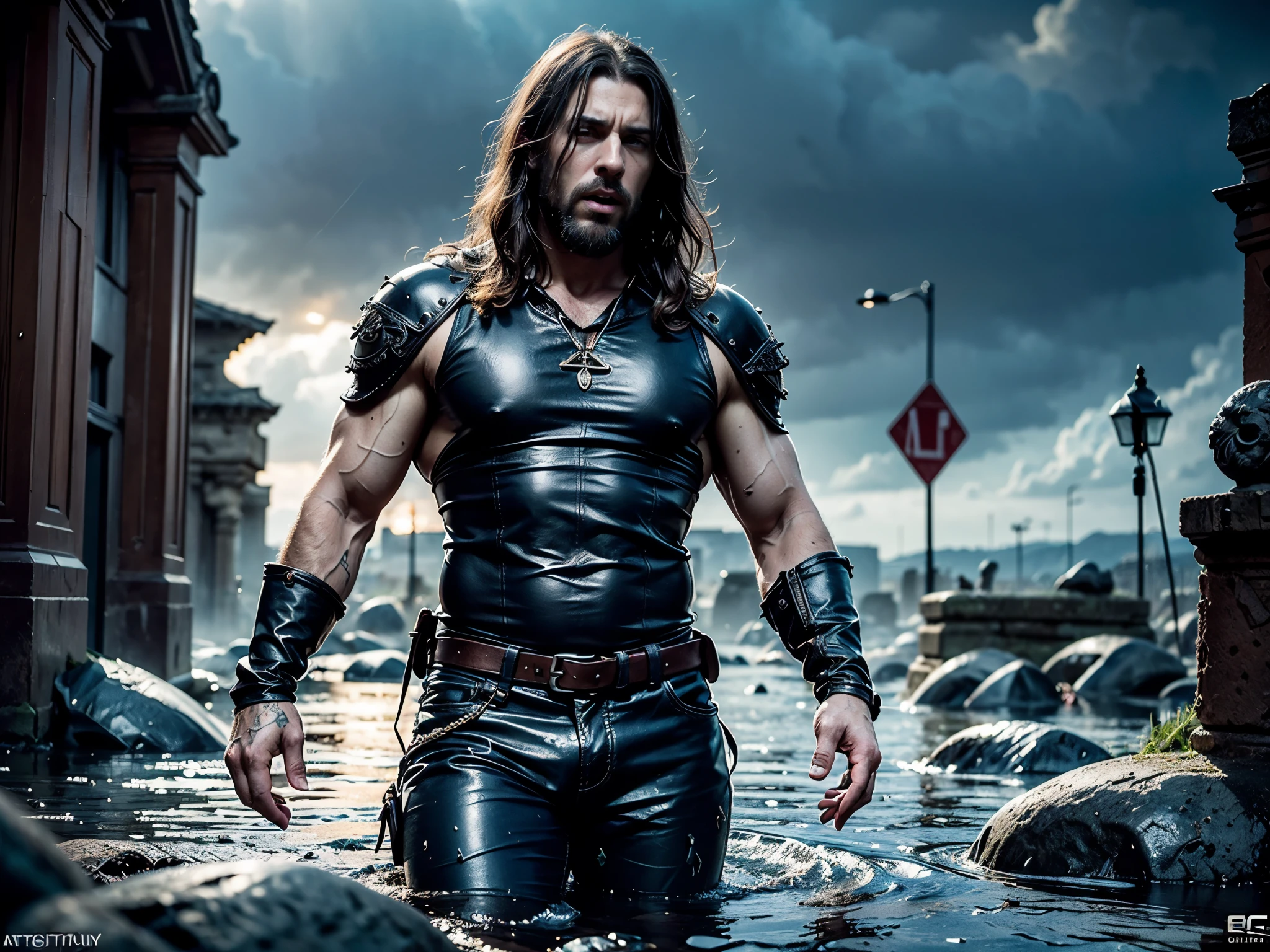 (professional 3d render:1.3) af (Realistic:1.3) most beautiful artwork photo in the world，Features soft and shiny male heroes, ((Epic hero fantasy muscle man rough wet hero angry look long hair short beard and ferocious expression in dynamic pose, Fantastic location, Majestic cluttered environment)), full body 8k unity render, action  shot, skin pore, very dark lighting, heavyshading, Detailed, Detailed face, (vibrant, photograph realistic, Realistic, Dramatic, Dark, Sharp focus, 8K), (Old leather garments damaged by weathering:1.4), ((((Wear fur)))), (Intricate:1.4), decadent, (Highly detailed:1.4), Digital painting, rendering by octane, art  stations, concept-art, smooth, Sharp focus, illustration, Art germ, (loish:0.23), wlop ilya kuvshinov, and greg rutkowski and alphonse mucha gracias, (Global illumination, Studio light, volumettic light), heavy rain, particles floating, lotr, fantasy, elf, full bodyesbian, ((Dark and ancient city background:1.3)),CGSesociety,art  stations