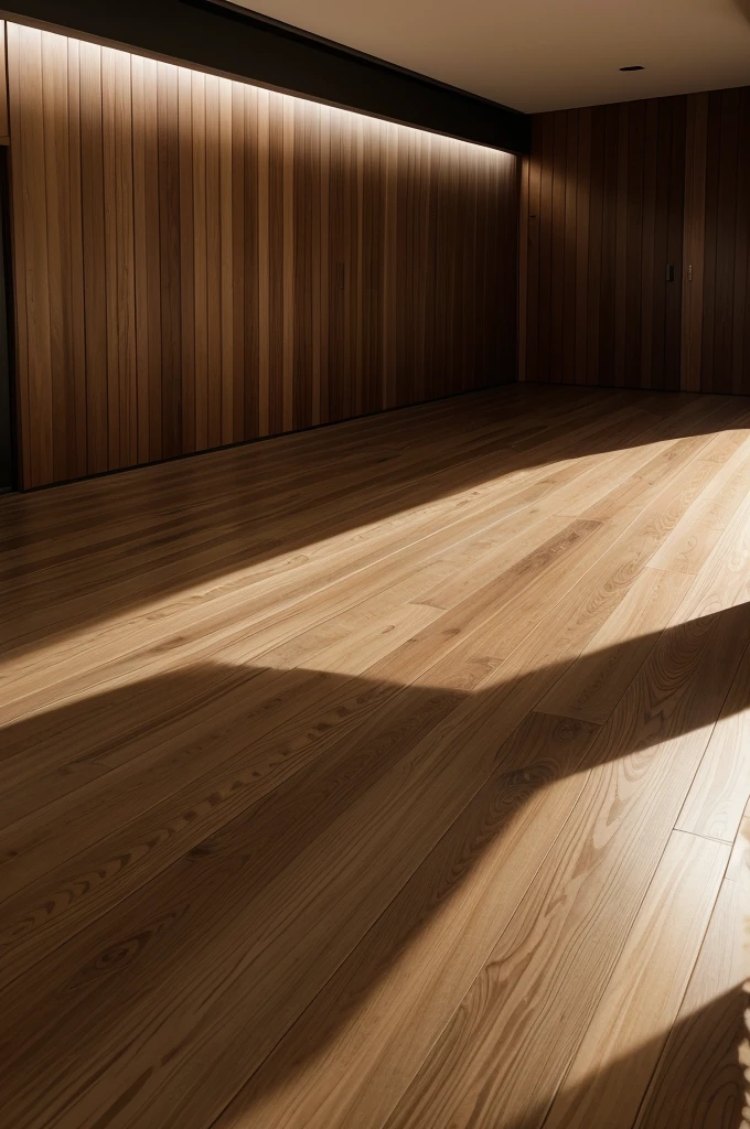 Uma fotografia de alta qualidade mostrando um ambiente elegante e moderno com deck e revestimentos de madeira. Deve parecer um projeto finalizado.O ambiente deve ser um exterior de casa. .Lighting should be natural or look natural, com luz suave e sombras realistas.Piso de madeira com acabamento liso e polido, displaying a natural wood grain pattern.Wood cladding on a wall or architectural details, such as wall panels or moldings.A madeira deve ser de alta qualidade, com uma cor quente e natural, ranging from light to medium tones.A imagem deve ser capturada de uma perspectiva que mostre claramente o piso e o revestimento de madeira.The composition must be well balanced, com a linha do horizonte nivelada e um ponto focal claro.Include close-up details of the floor and covering to show the texture and finish.High resolution and sharp photography.Estilo realista, com cores vibrantes e contrastes bem definidos