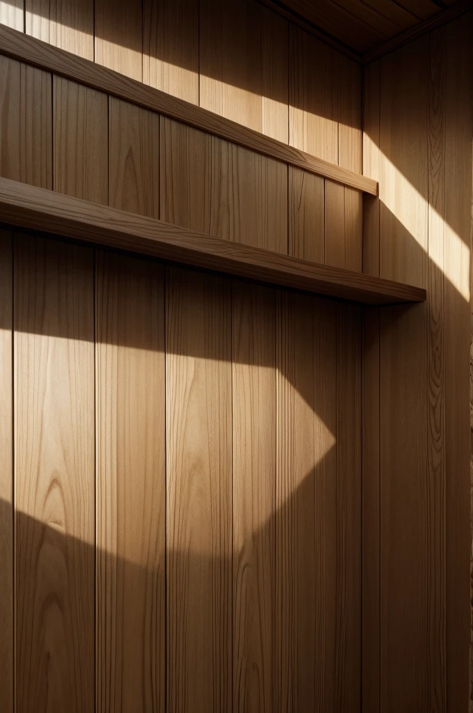 Uma fotografia de alta qualidade mostrando um ambiente elegante e moderno com deck e revestimentos de madeira. Deve parecer um projeto finalizado.O ambiente deve ser um exterior de casa. .Lighting should be natural or look natural, com luz suave e sombras realistas.Piso de madeira com acabamento liso e polido, displaying a natural wood grain pattern.Wood cladding on a wall or architectural details, such as wall panels or moldings.A madeira deve ser de alta qualidade, com uma cor quente e natural, ranging from light to medium tones.A imagem deve ser capturada de uma perspectiva que mostre claramente o piso e o revestimento de madeira.The composition must be well balanced, com a linha do horizonte nivelada e um ponto focal claro.Include close-up details of the floor and covering to show the texture and finish.High resolution and sharp photography.Estilo realista, com cores vibrantes e contrastes bem definidos