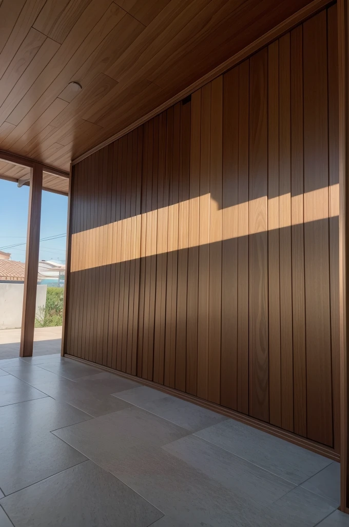 Uma fotografia de alta qualidade mostrando um ambiente elegante e moderno com deck e revestimentos de madeira. Deve parecer um projeto finalizado.O ambiente deve ser um exterior de casa. .Lighting should be natural or look natural, com luz suave e sombras realistas.Piso de madeira com acabamento liso e polido, displaying a natural wood grain pattern.Wood cladding on a wall or architectural details, such as wall panels or moldings.A madeira deve ser de alta qualidade, com uma cor quente e natural, ranging from light to medium tones.A imagem deve ser capturada de uma perspectiva que mostre claramente o piso e o revestimento de madeira.The composition must be well balanced, com a linha do horizonte nivelada e um ponto focal claro.Include close-up details of the floor and covering to show the texture and finish.High resolution and sharp photography.Estilo realista, com cores vibrantes e contrastes bem definidos