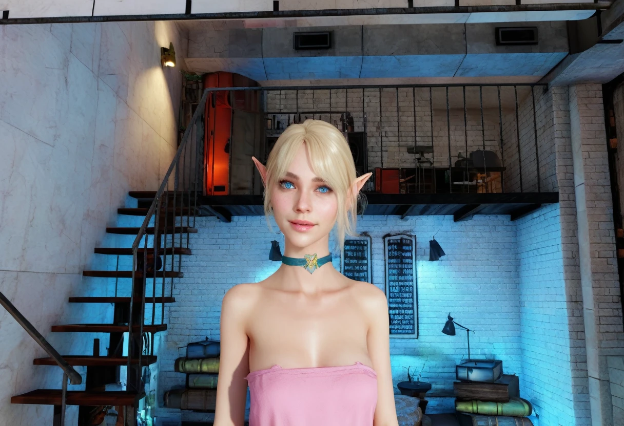 there is a young woman in a pink dress standing in a room, elven character with smirk, female elf, elf girl, blonde hair and cyan eyes, blue collar on her neck, unreal engine : : rave makeup, ultra realistic 8k octan photo, highly detailed character, female elfling, very beautiful elven top model