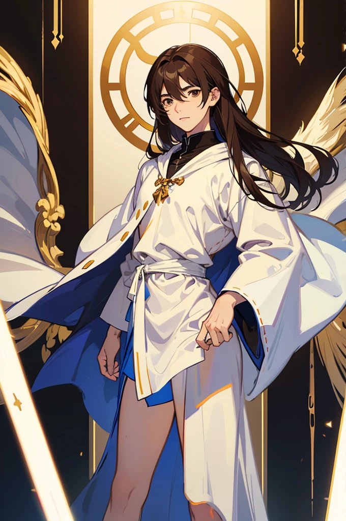 {visual novel sprite}, facing viewer, 1male, dark brown hair, brown eyes, cute, pretty, white Greek tunic, open robes, small penis,