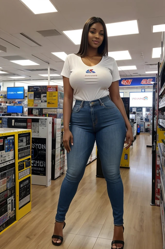 A 6 feet tall beautiful girl with a big ass is standing at an electronics shop.