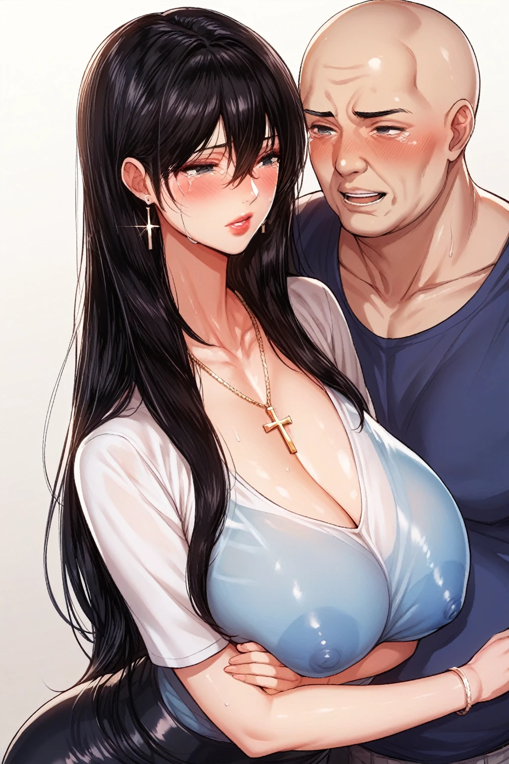 Hot sexy beautiful milf undressed by bald ugly fat old man , tear drop earrings,big breasts, lipstick,makeup,black hair,long hair,blush,black eyes,1 girl,1 boy, necklace ,cross hair between eyes,blue see through t shirt,black skirt,suprised expression