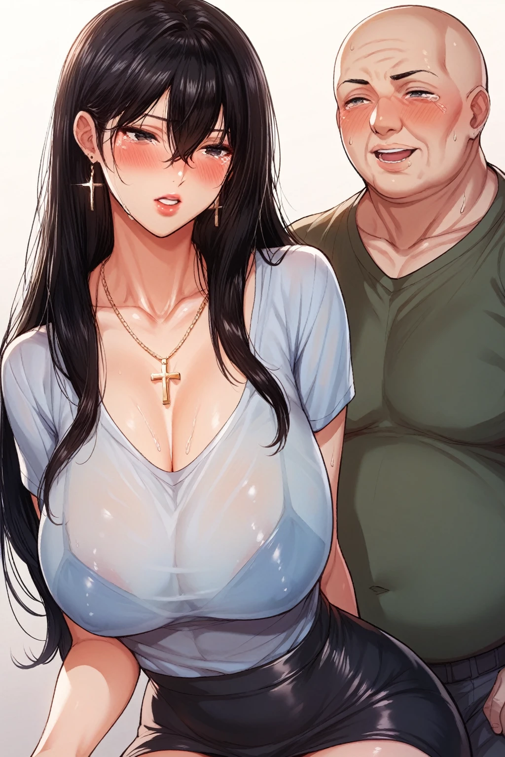 Hot sexy beautiful milf undressed by bald ugly fat old man , tear drop earrings,big breasts, lipstick,makeup,black hair,long hair,blush,black eyes,1 girl,1 boy, necklace ,cross hair between eyes,blue see through t shirt,black skirt,suprised expression