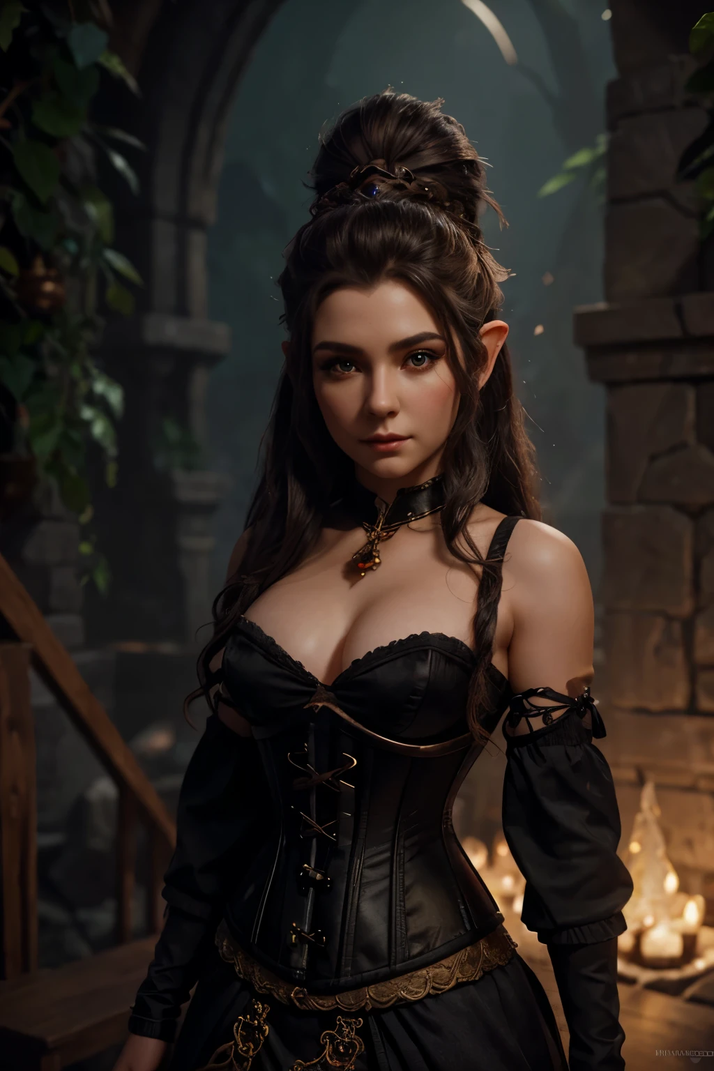 a blackheaded female gnome in a full-length corset, detailed face and eyes, high quality, photorealistic, 8k, cinematic lighting, fantasy art, warm color palette, intricate details, elegant pose, mystical atmosphere