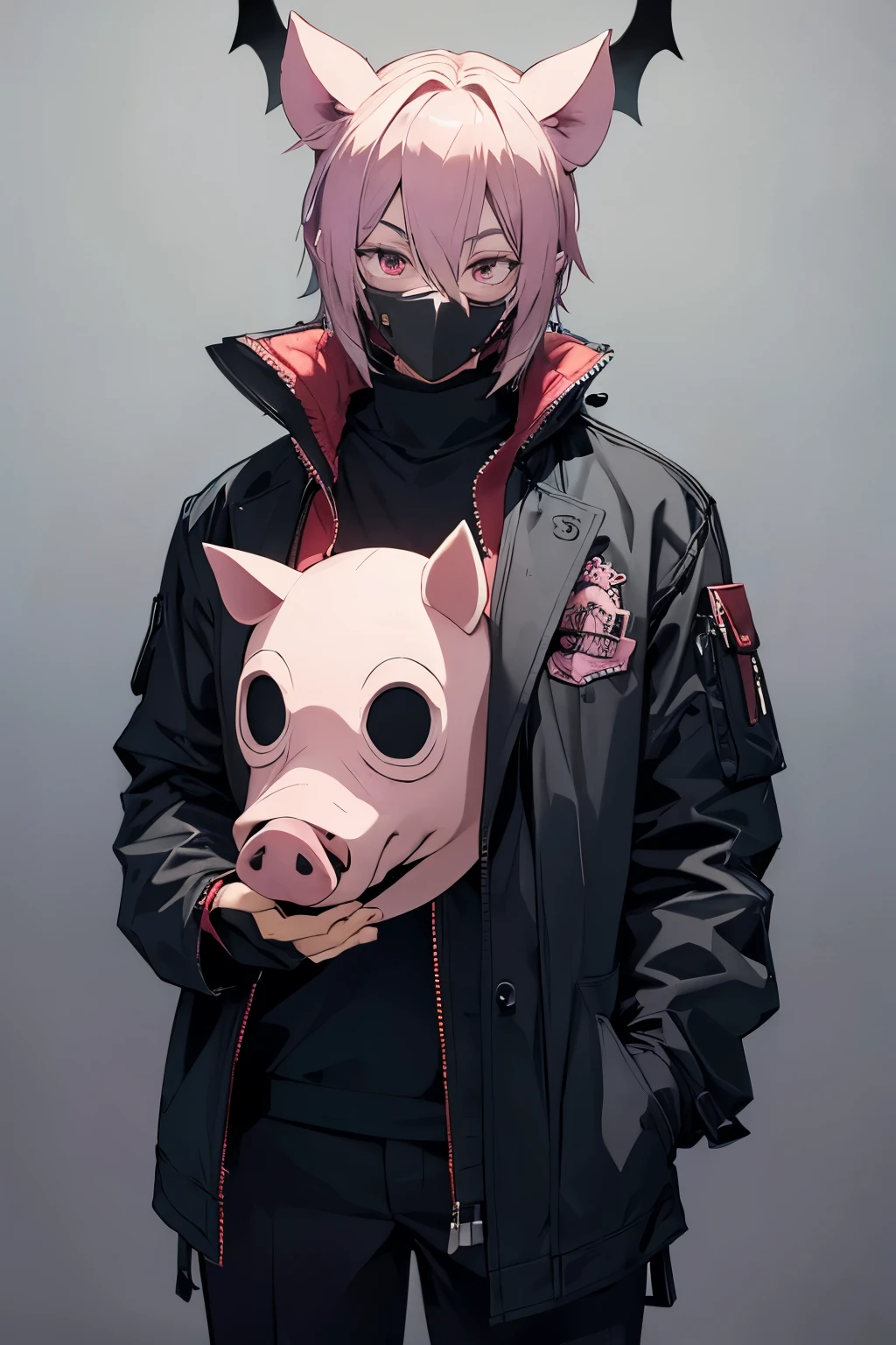 Man wearing creepy pig mask, wearing demonic villain outfit