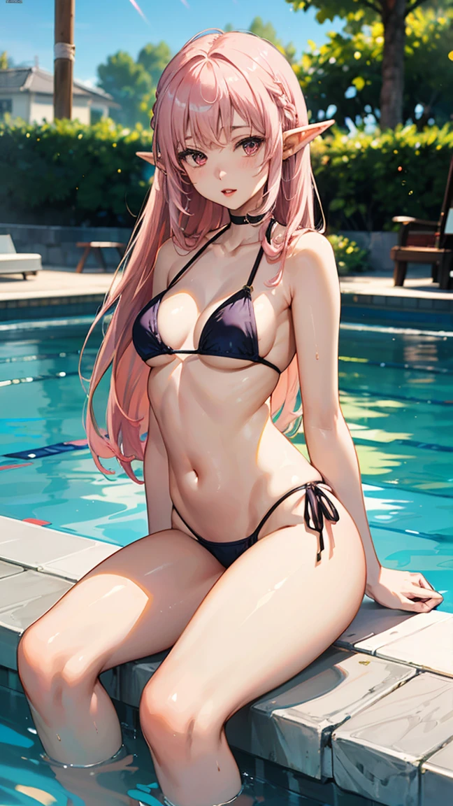 ((((Cel animation　Megami Magazine)))))One girl、、(((Brazilian Bikini、Ultra Micro Swimsuit)))、masterpiece、highest quality、、highest quality、Amazing details、8k、beautiful、((((Age 25、adult、tall、Slender Body、Small breasts、Unparalleled beauty、beautiful顔、composition)))(((Milky pink hair：1.5、long hair、[Elf Ears：0.5])))Official Fine Art、Representative works、highest quality、Poolside、Midsummer Sunshine、Lens flare、Shiny red lips、