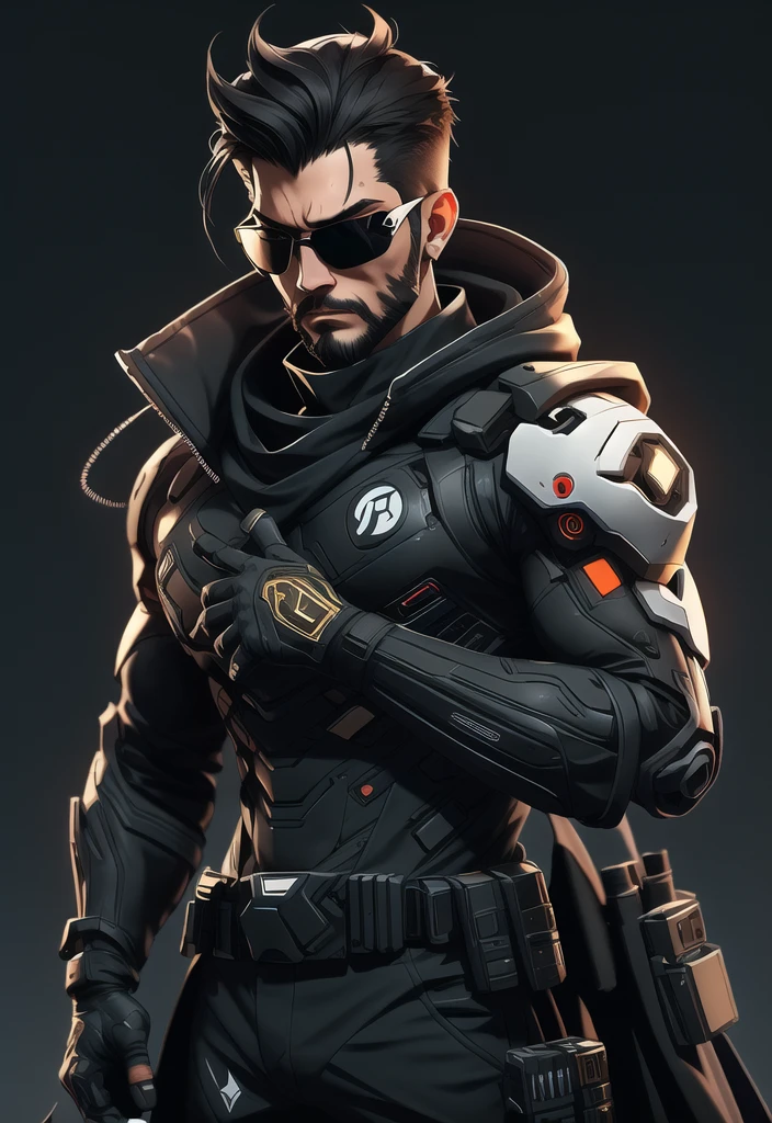 nijistyle, full body of adam jensen deus ex, sunglasses, long black coat, black hair, simple background