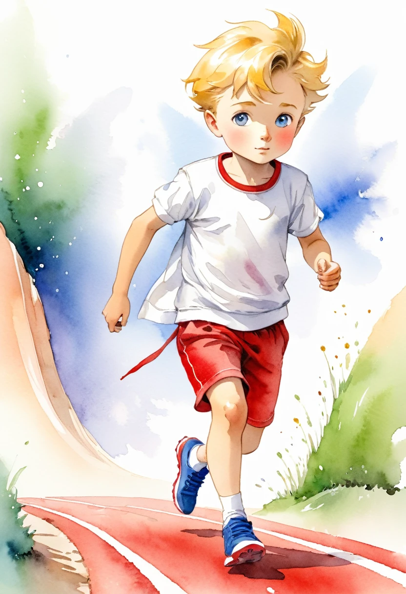 Le Petit Prince de Saint-Exupéry en train de faire un footing, avec un regard déterminé, chaussures de sport rouge, short de sport blanc, t-shirt de sport rouge, style aquarelle, colored