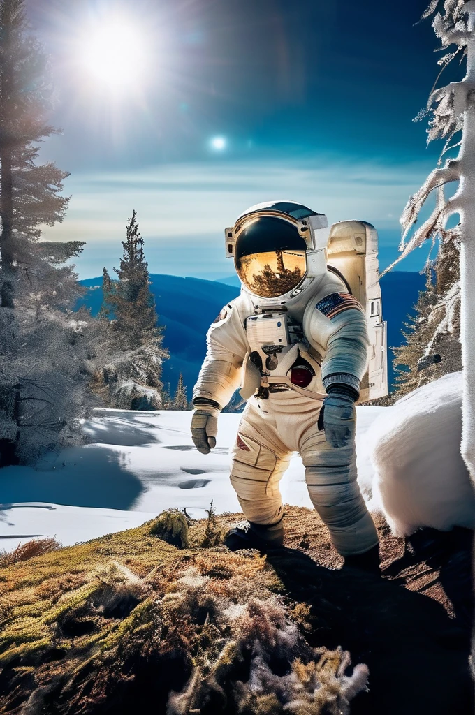 RAW Photos, delicate, highest quality,Hyper Detail, In detail,  8k, 32k, masterpiece,(Ultra-high resolution:1.2),Simamun in a spacesuit,The mission to the moon is ready, In the snowy forest、Cloudy Trees々and crunchy, cold,Hide in burrows and tree holes,Rim Light