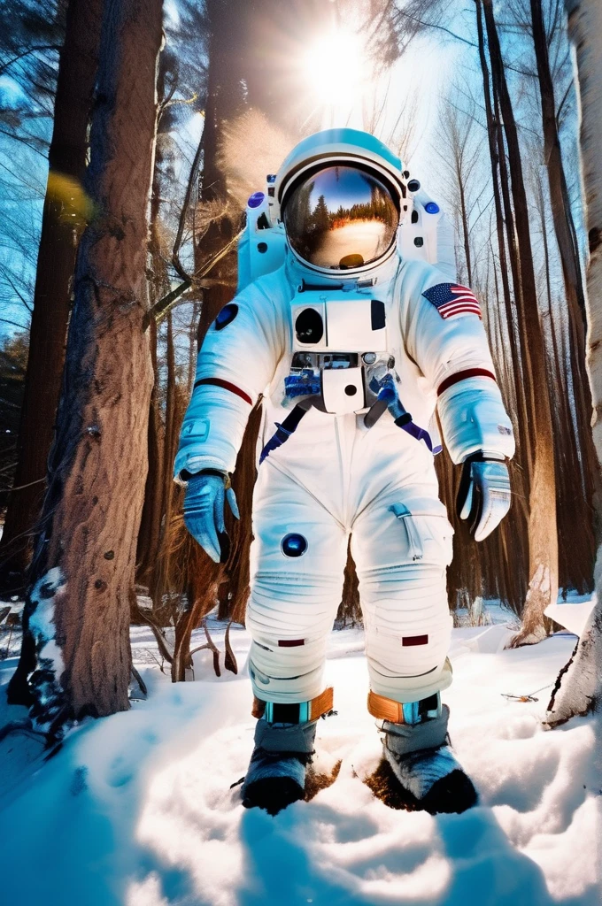 RAW Photos, delicate, highest quality,Hyper Detail, In detail, 8k, 32k, masterpiece,(Ultra-high resolution:1.2),Simamun in a spacesuit,The mission to the moon is ready, In the snowy forest、Cloudy Trees々and crunchy, cold,Hide in burrows and tree holes,Rim Light