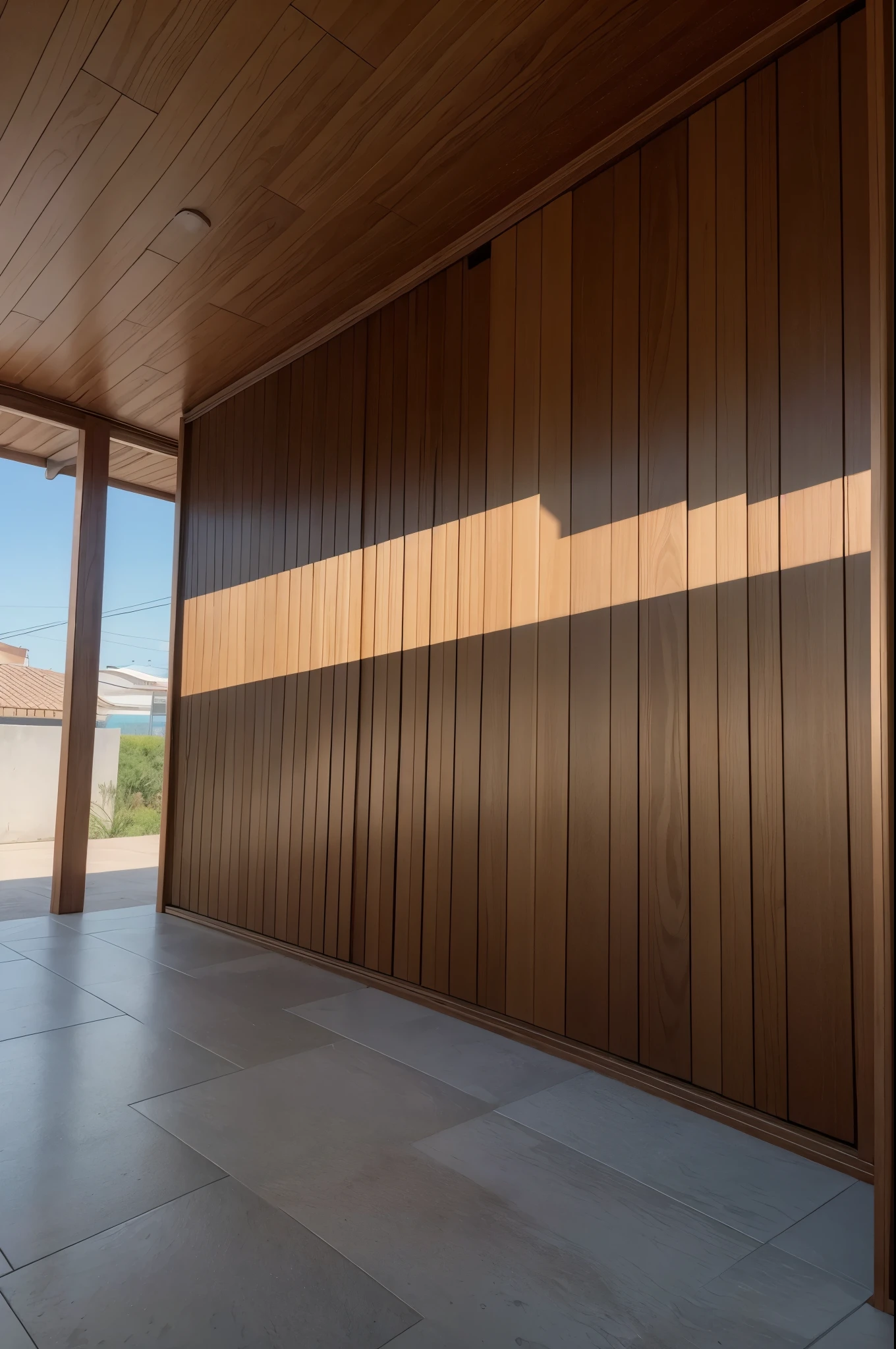 Uma fotografia de alta qualidade mostrando um ambiente elegante e moderno com deck e revestimentos de madeira. Deve parecer um projeto finalizado.O ambiente deve ser um exterior de casa. .Lighting should be natural or look natural, com luz suave e sombras realistas.Piso de madeira com acabamento liso e polido, displaying a natural wood grain pattern.Wood cladding on a wall or architectural details, such as wall panels or moldings.A madeira deve ser de alta qualidade, com uma cor quente e natural, ranging from light to medium tones.A imagem deve ser capturada de uma perspectiva que mostre claramente o piso e o revestimento de madeira.The composition must be well balanced, com a linha do horizonte nivelada e um ponto focal claro.Include close-up details of the floor and covering to show the texture and finish.High resolution and sharp photography.Estilo realista, com cores vibrantes e contrastes bem definidos
