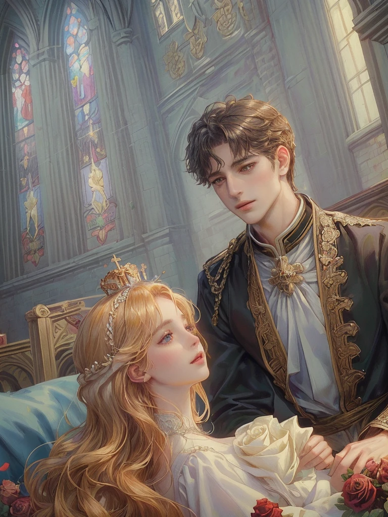 (((Best quality)), ((masterpiece)), (detailed), ((perfect face)), ((halfbody)) , 1 woman and 1 man, Make eye contact, female saint, Crown Prince, non-consensual marriage, romantic backdrop, Church, cathedral, wedding waste, rose petals,