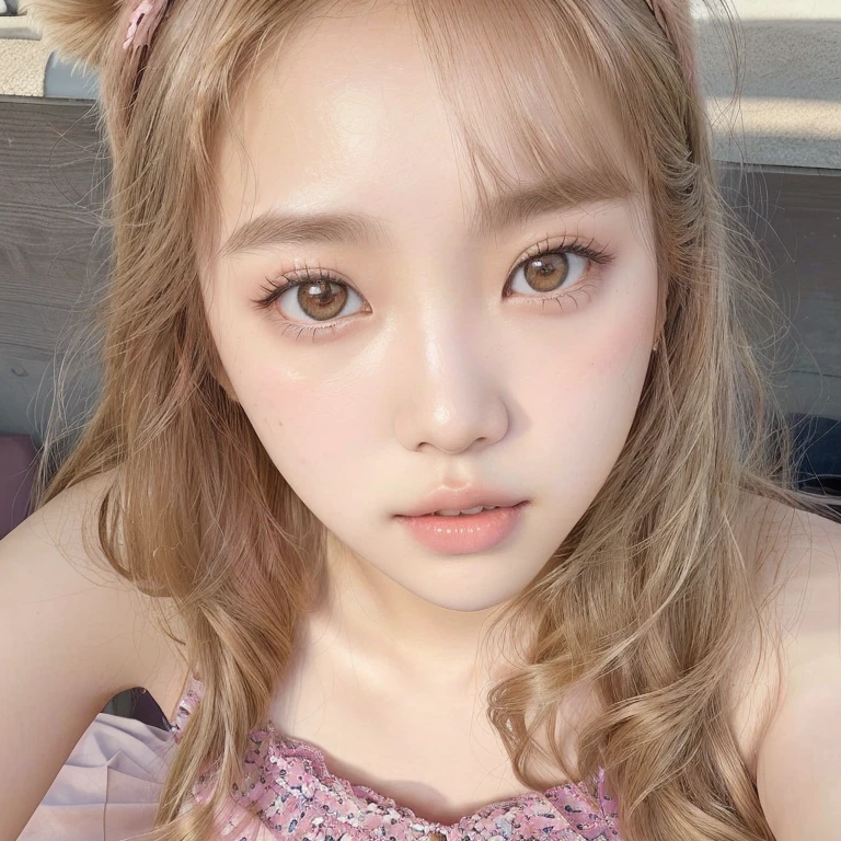 a close-up of a young girl in a pink dress and a teddy bear, lalisa manobal, Sun Yunjoo, Lalisa Manoban do Blackpink, jaeyeon nam, adorable and pale korean face, franja encaracolada, Heonhwa Choe, parque roseanne de blackpink, Yoshitomo Nara, Shikamimi