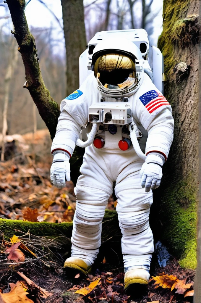 RAW Photos, delicate, highest quality,Hyper Detail, In detail,  8k, 32k, masterpiece,(Ultra-high resolution:1.2),Simamun in a spacesuit,The mission to the moon is ready, In the snowy forest、Cloudy Trees々and crunchy, cold,Hide in burrows and tree holes,Rim Light