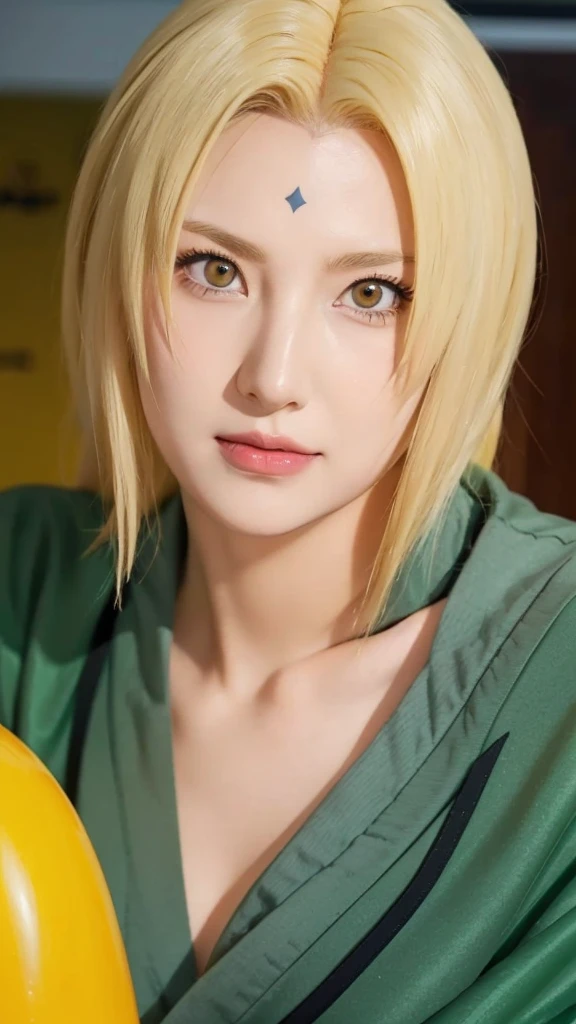 a close up of a person with lonf hair and a green clothes, tsunade, tsunade from anime naruto shippuden, as an anime character, perfect anime face, she has yellow hair with bangs, female anime character, anime character, anime best girl, hime cut hairstyle, yellow hair, (red glossy lips:1.3), blue eyes, smile, realistic, ultra detail, city background, (beautiful face:1.3)