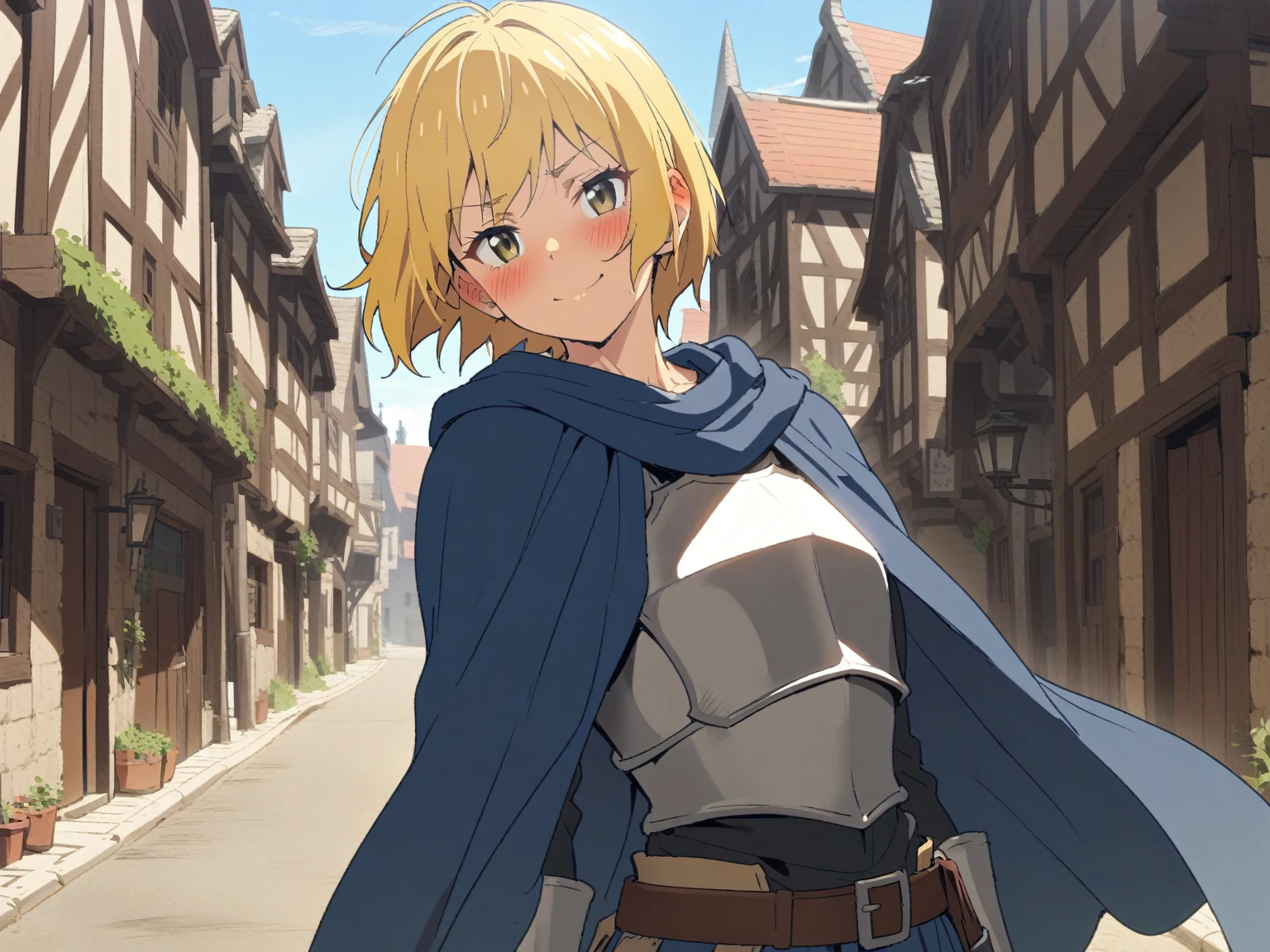{{cowboy shot, pov, from side}} {{Artist: Sincos}} 1girl, solo, muscular female, mature female, androgynous, tomboy, gentle smile, blush, blonde hair, very short hair, bob cut, green eyes,plate armor, flat chest, blue cloth, blue cloak, leather belt, looking to side, looking at viewer, flustered, closed mouth, in town, day, beautiful, medieval fantasy.