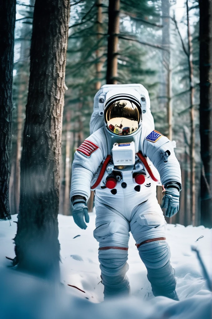 RAW Photos, delicate, highest quality,Hyper Detail, In detail,  8k, 32k, masterpiece,(Ultra-high resolution:1.2),Simamun in a spacesuit,The mission to the moon is ready, In the snowy forest、Cloudy Trees々and crunchy, cold,Hide in burrows and tree holes,Rim Light
