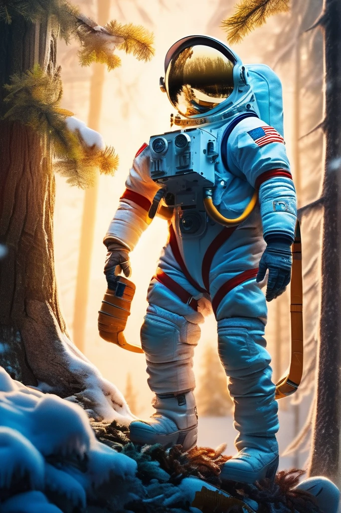 RAW Photos, delicate, highest quality,Hyper Detail, In detail,  8k, 32k, masterpiece,(Ultra-high resolution:1.2),Simamun in a spacesuit,The mission to the moon is ready, In the snowy forest、Cloudy Trees々and crunchy, cold,Hide in burrows and tree holes,Rim Light