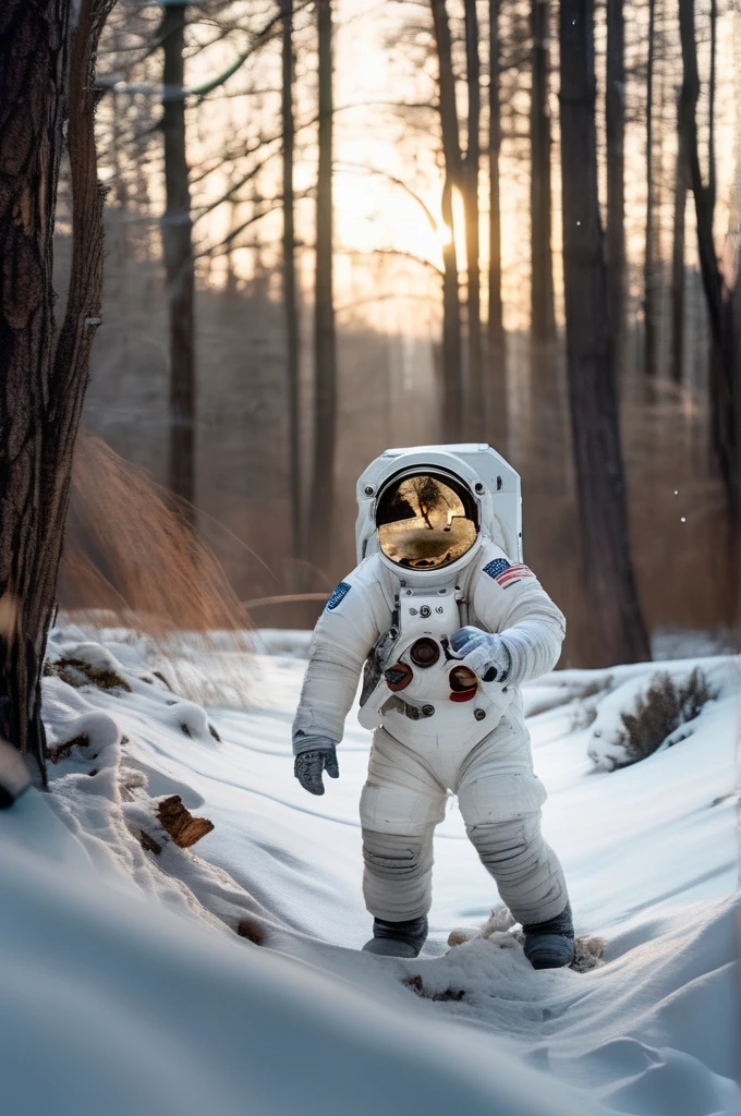 RAW Photos, delicate, highest quality,Hyper Detail, In detail, 8k, 32k, masterpiece,(Ultra-high resolution:1.2),Simamun in a spacesuit,The mission to the moon is ready, In the snowy forest、Cloudy Trees々and crunchy, cold,Hide in burrows and tree holes,Rim Light