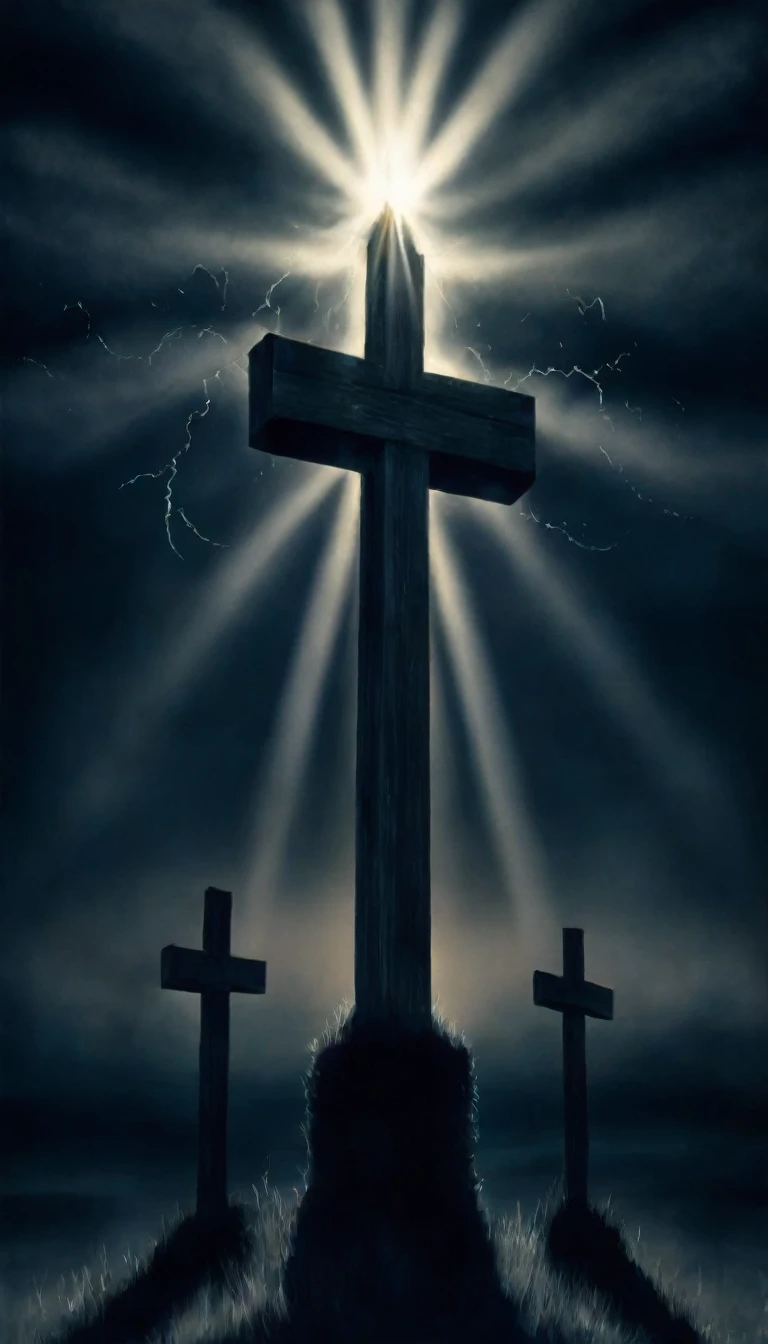 three crosses on a hill, three crosses, against the backdrop of a sky decorated with rays of light.