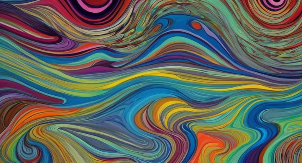 a painting of waves with a rainbow colored swirls fine lines and details,