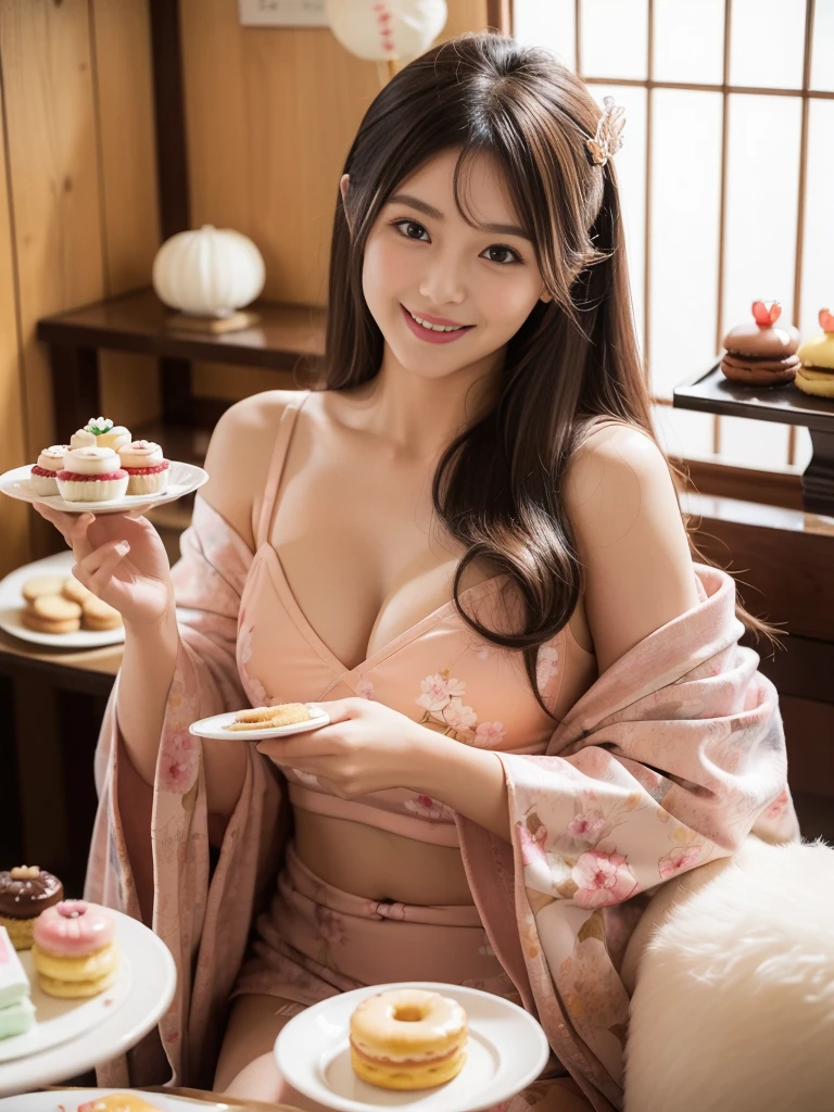 (art by:Super sexy and super cute Japanese Adult Cute:1.5), Daytime in autumn , 1 persons , Cute woman showing her teeth and smiling, Hair color is brown , Hair is semi-long length to the shoulders, Bikini with ピザ print、Super big、sexual excitement、Outside a medieval European-style café , tea parties、a cake、 macaroons、donut、cookies、black tea、cute little、Cute 、Dolce、fluffly、Dolce、Pale shades