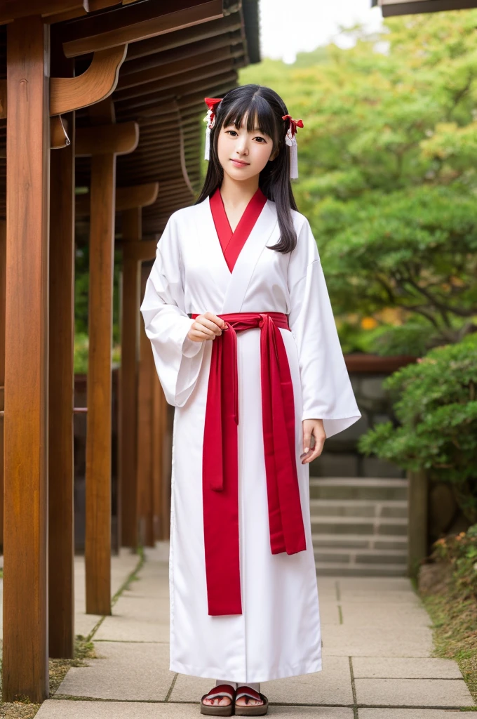 Red hakama, red Japanese style pants, the lower half of the costume is red, Main hall of the shrine, Shrine maiden, ((full body)), ((photo)), ((best qualtiy, 8K, tmasterpiece: 1.3)), Focus: 1.2, perfect figure beautiful girl: 1.4, 1girl, cowboy shot, look at viewer, incredibly absurd, beautiful and cute girl with a photorealistic face, showcasing top-quality craftsmanship, Japanese girl sweeping the garden at the shrine, , Her hair is half-up with smooth curls, glossy jet black long hair, Gentle features, Big deep brown eyes, Small face, Fair skin, Translucent, Smooth and silky skin, Natural eyebrow shape, Thin lips, Soft smile,, delicate, Well-balanced proportions, B cup small breasts, Simple and elegant shrine maiden costume, White robe and red hakama,, Beautiful girl, Clean, Healing, Moe, Elegant manners, Kind, Tolerant, Humble, Sincere, Deep faith, January