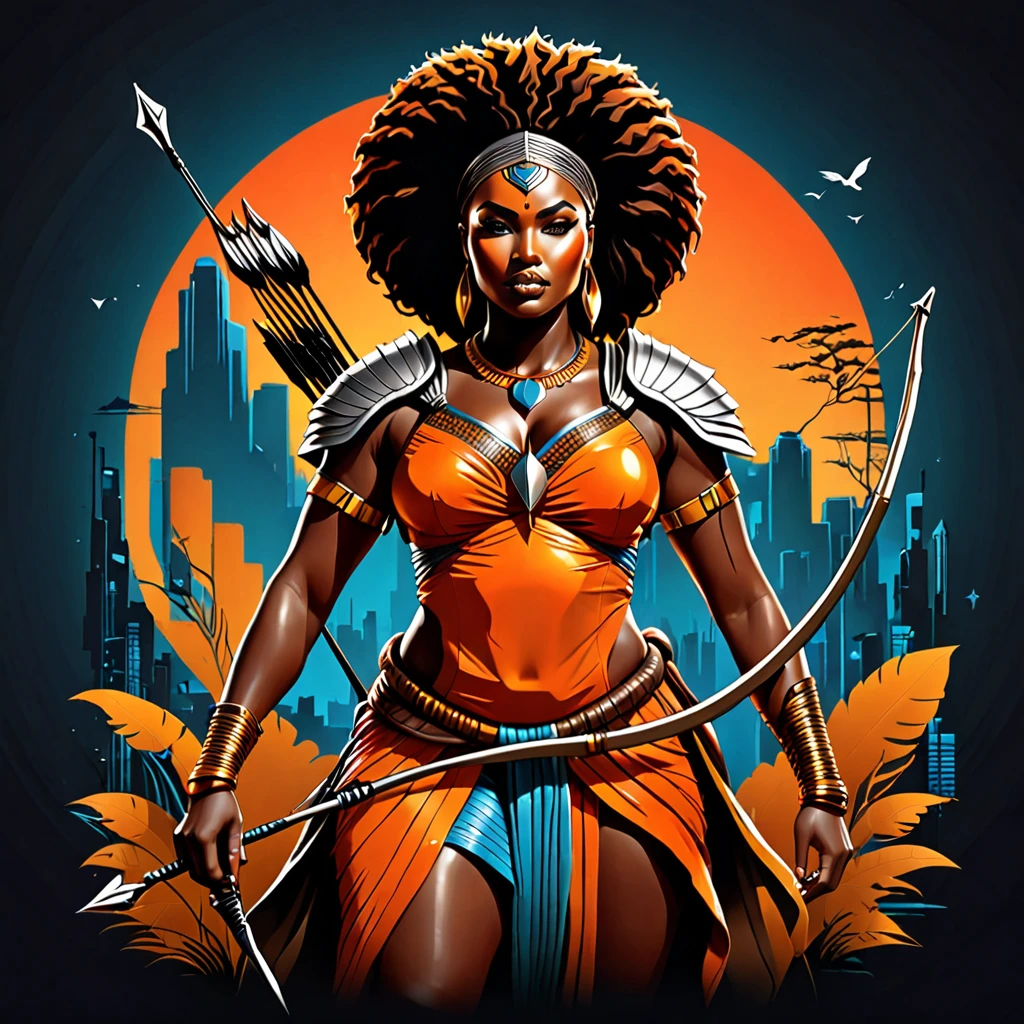 Vector t-shirt art design, centered, 80s dark fantasy movie, a thick body black woman in African warrior clothes holding sword and bow and arrow, orange clothes, fat African goddess of hunting, afrofuturism, afrofuturism fashion, ultra quality, masterpiece, intricate details, very detailed, beautiful face, 8K, cinematic scene, photorealistic, thick body