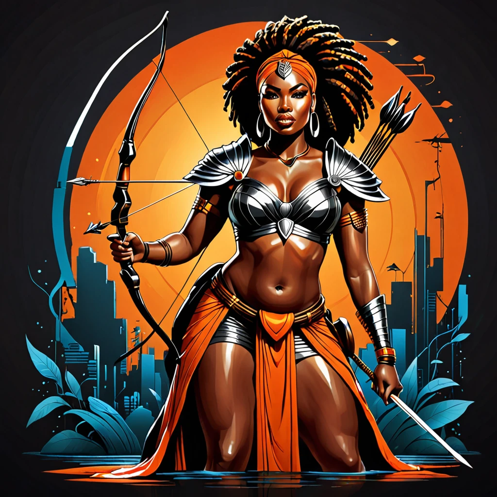 Vector t-shirt art design, centered, 80s dark fantasy movie, a thick body black woman in African warrior clothes holding sword and bow and arrow, orange clothes, fat African goddess of hunting, afrofuturism, afrofuturism fashion, ultra quality, masterpiece, intricate details, very detailed, beautiful face, 8K, cinematic scene, photorealistic, thick body