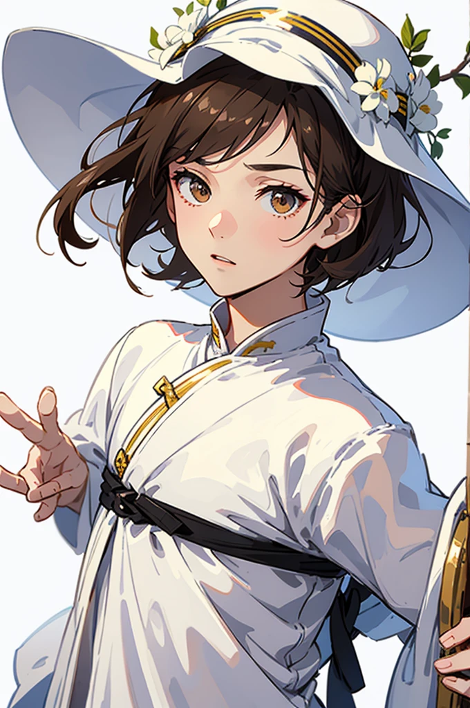 {visual novel sprite}, {white background}, facing viewer, 1male, short dark brown hair, brown eyes, cute, pretty, white Greek tunic, open robes, small penis,