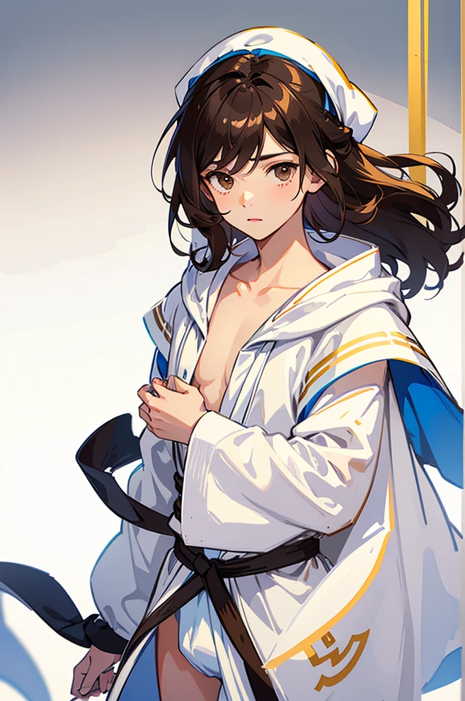 {visual novel sprite}, {white background}, facing viewer, 1male, short dark brown hair, brown eyes, cute, pretty, white Greek tunic, open robes, small penis, 