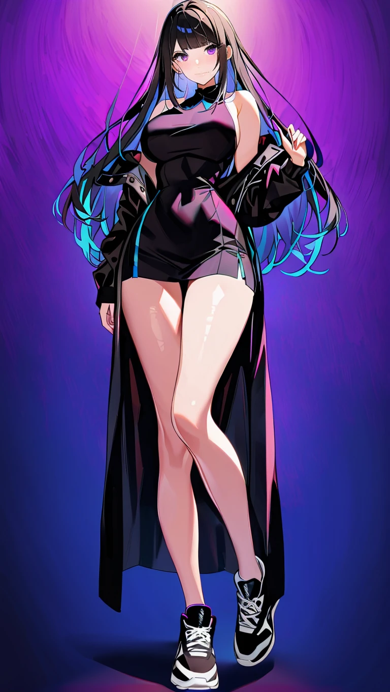 hair above one eye, red eyes, clear eyes, choker, open jacket, towards the wall,shining grafiti, shineing tattoos, shine, neon light, Black light,anime style, movie portrait photography, 1 female, 22 years ago, Full body Esbian,Blue eyes background, big and full breasts, Anger, (scarlet colored hair), long hair, purple eyes, wearing a short black dress, (natural skin texture vivid details, surreal, (realistic detailed eyes, natural skin texture, realistic facial details), soft and dramatic lighting, Depth of written boundary, bokeh, vivid details, surreal, 35mm movie, hazy blur, movie,lipstick, ear piercing, eye shadow, hoop earrings, Red-pink lips, Multicolored red eyes, purple theme,Wear an iridescent aura,beautiful eyes,stand in front of the red gate、bold pose、decide on a pose,upper ponytail,Hanging bangs,sit