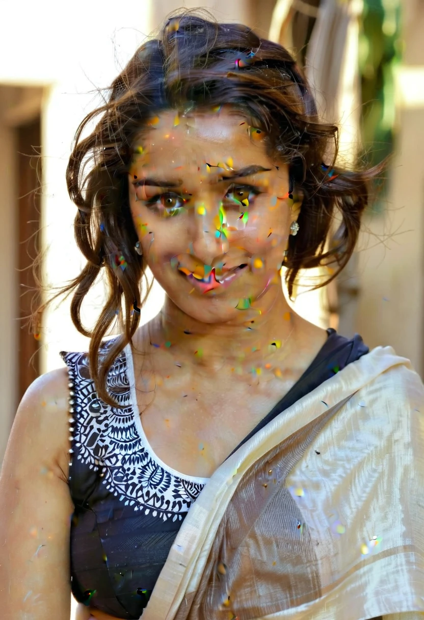 hires close up photo of a woman, Shraddha Kapoor, outdoors, realistic skin texture, smiling, looking looking at camera, sleeveless saree, swooping breast,navel, simple white stucco background