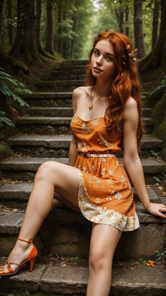 (((Masterpiece))), 25-year-old Caucasian French girl with shoulder-length messy red hair, adorned with an orange crystal glow, blooming hair akin to . Certainly!
Dressed in a short floral-patterned dress, she sits on stone steps among the forest, and at the top there is a road where a black BMW M5 stands