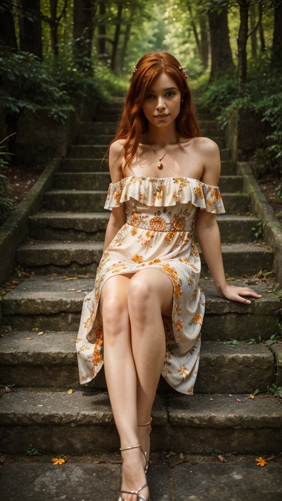 (((Masterpiece))), 25-year-old Caucasian French girl with shoulder-length messy red hair, adorned with an orange crystal glow, blooming hair akin to . Certainly!
Dressed in a short floral-patterned dress, she sits on stone steps among the forest, and at the top there is a road where a black BMW M5 stands