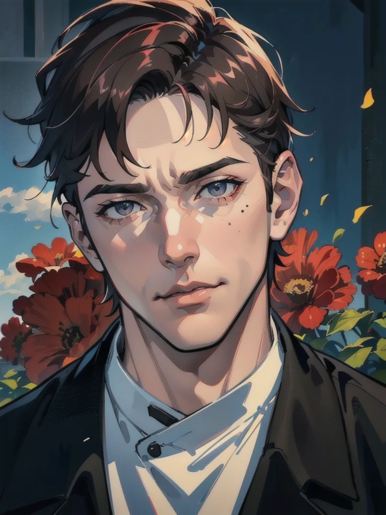 a 40 year old man (red short hair:1.0), grey eyes, moles all over the face, wearing an official uniform, masculinity, teacher, (best quality,4k,8k,highres,masterpiece:1.2),ultra-detailed,(realistic,photorealistic,photo-realistic:1.37),cinematic lighting,highly detailed face and body,sharp focus,vivid colors,anime style