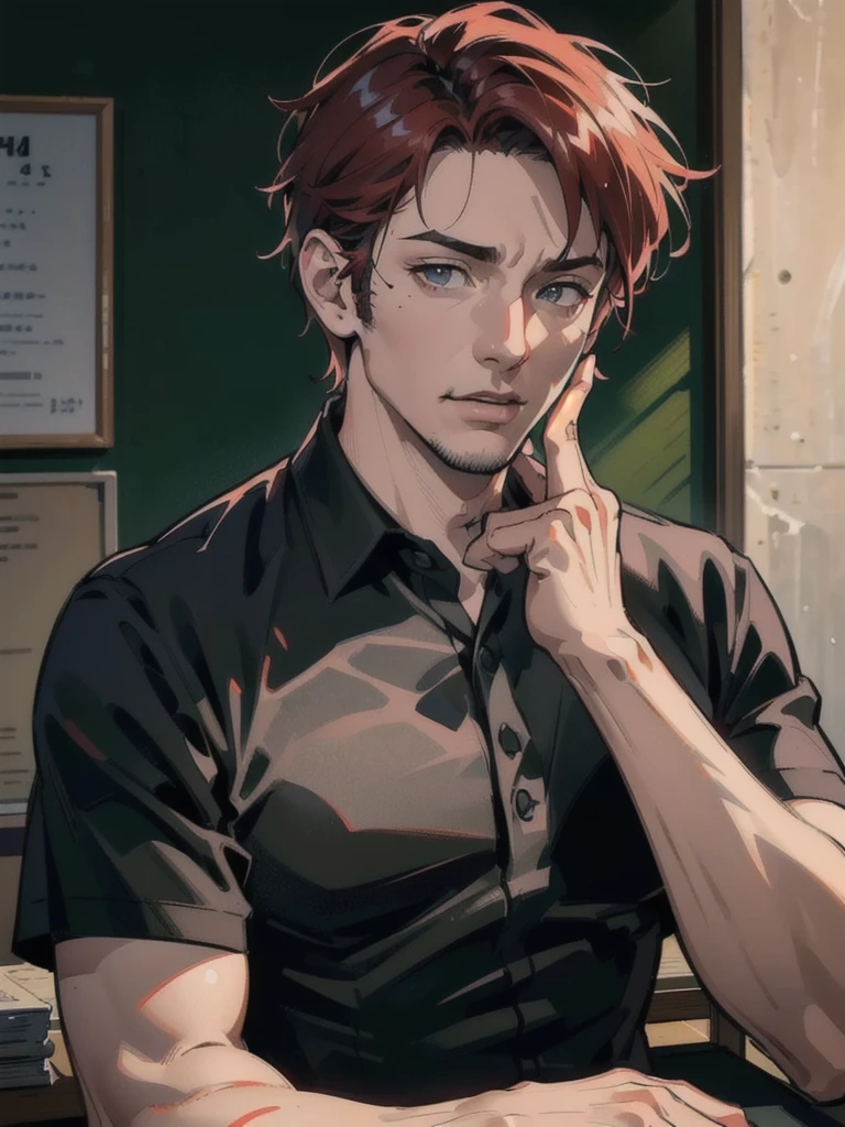 a 40 year old man (red short hair:1.0), grey eyes, moles all over the face, wearing an official uniform, masculinity, teacher, (best quality,4k,8k,highres,masterpiece:1.2),ultra-detailed,(realistic,photorealistic,photo-realistic:1.37),cinematic lighting,highly detailed face and body,sharp focus,vivid colors,anime style