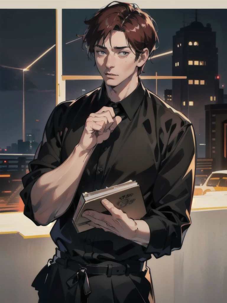 a 40 year old man (red short hair:1.0), grey eyes, moles all over the face, wearing an official uniform, masculinity, teacher, (best quality,4k,8k,highres,masterpiece:1.2),ultra-detailed,(realistic,photorealistic,photo-realistic:1.37),cinematic lighting,highly detailed face and body,sharp focus,vivid colors,anime style