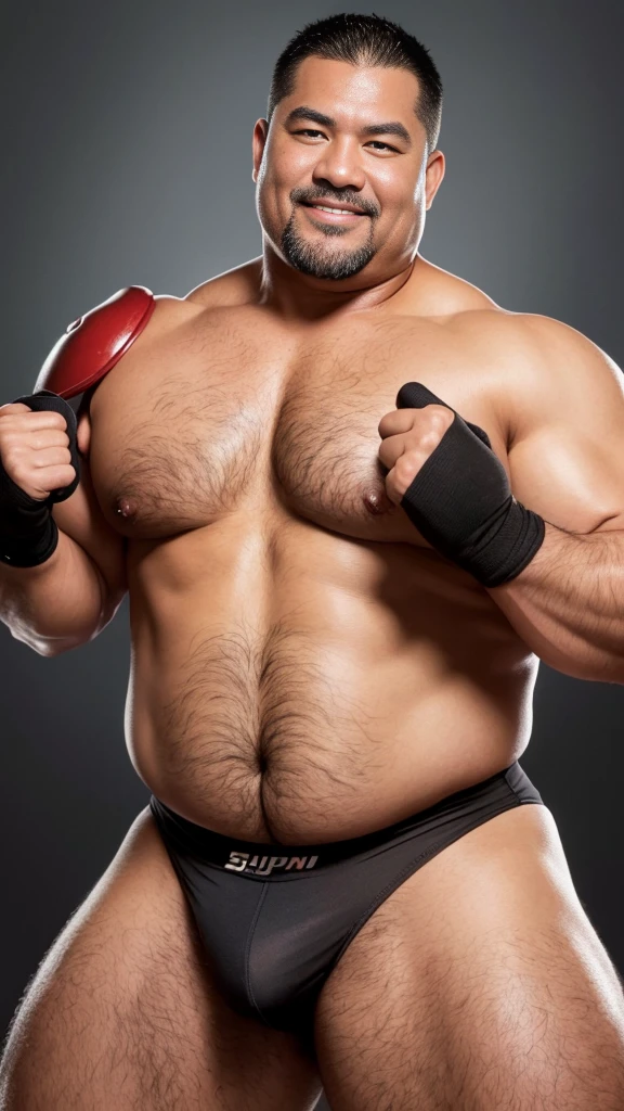 black hair, middle-aged man, individual, male, Muscular wrestler, muscular, Stout wrestler, Asian, Japanese, uncle, 55 year old middle-aged man, short hair, short hair, red wrestling boots, full body portrait, shadow, Vision, red briefs, obesity, 45 years old, short beard, middle-aged man, tattoo, fingerless gloves, Wheat skin, shiny skin, dark skin, Show your pectoral muscles, sumo wrestler, bodybuilder, wide temples, Visible abdominal muscles, Smile, Fine hands, solid color background, pure white background, Surrealism, Panorama, 8k, super detail,
