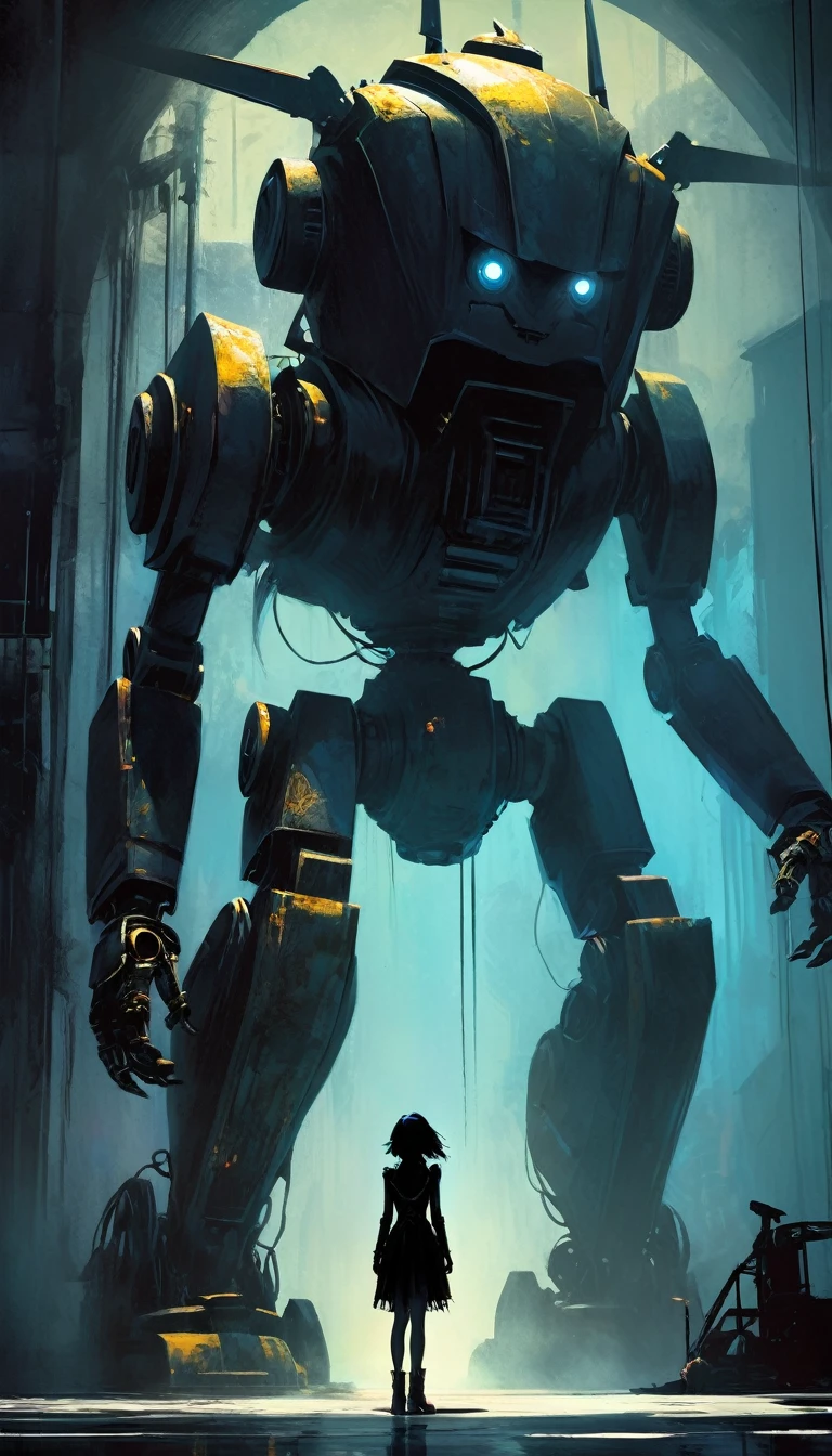 gothic punk sexy girl in love with robot giant monster (inspirational art by Dave McKean and Bill Sienkiewicz, oil painting, details of brush strokes that enhance depth) (best quality,4k,8k,highres,masterpiece:1.2),ultra-detailed,(realistic,photorealistic,photo-realistic:1.37),intricate details,vivid colors,sharp focus,professional,Dave McKean artwork, oil touch of surrealism,oil painting style,,dreamlike atmosphere,girl and giant robot, giant monster robot, sexy girl,shadow play,soft lighting,playful pose,minimalist room,dark hues,ethereal background,fantasy elements,texture,layered composition.
