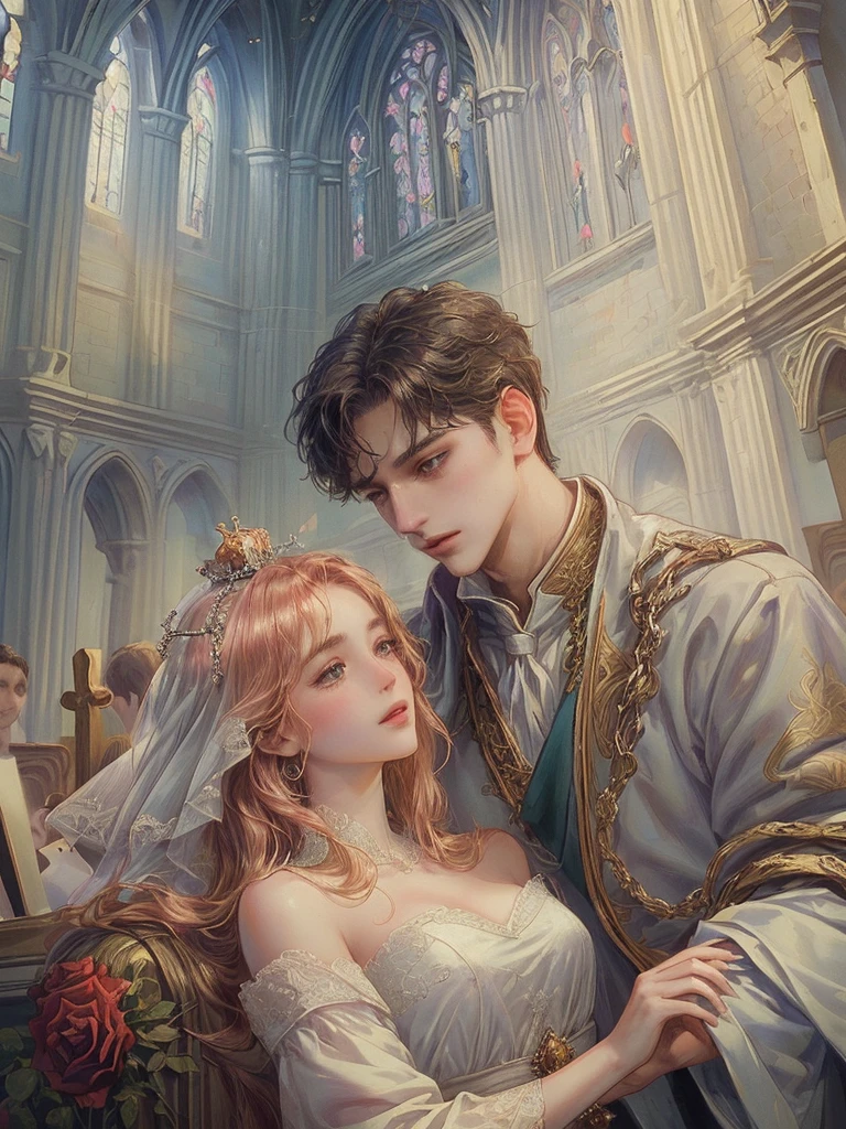 (((Best quality)), ((masterpiece)), (detailed), ((perfect face)), ((halfbody)) , 1 woman and 1 man, Make eye contact, female saint, Crown Prince, non-consensual marriage, romantic backdrop, Church, cathedral, wedding waste, rose petals, 