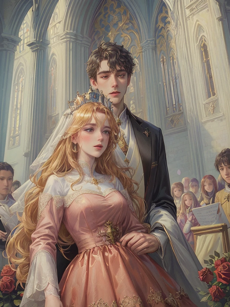 (((Best quality)), ((masterpiece)), (detailed), ((perfect face)), ((halfbody)) , 1 woman and 1 man, Make eye contact, female saint, Crown Prince, non-consensual marriage, romantic backdrop, Church, cathedral, wedding waste, rose petals,