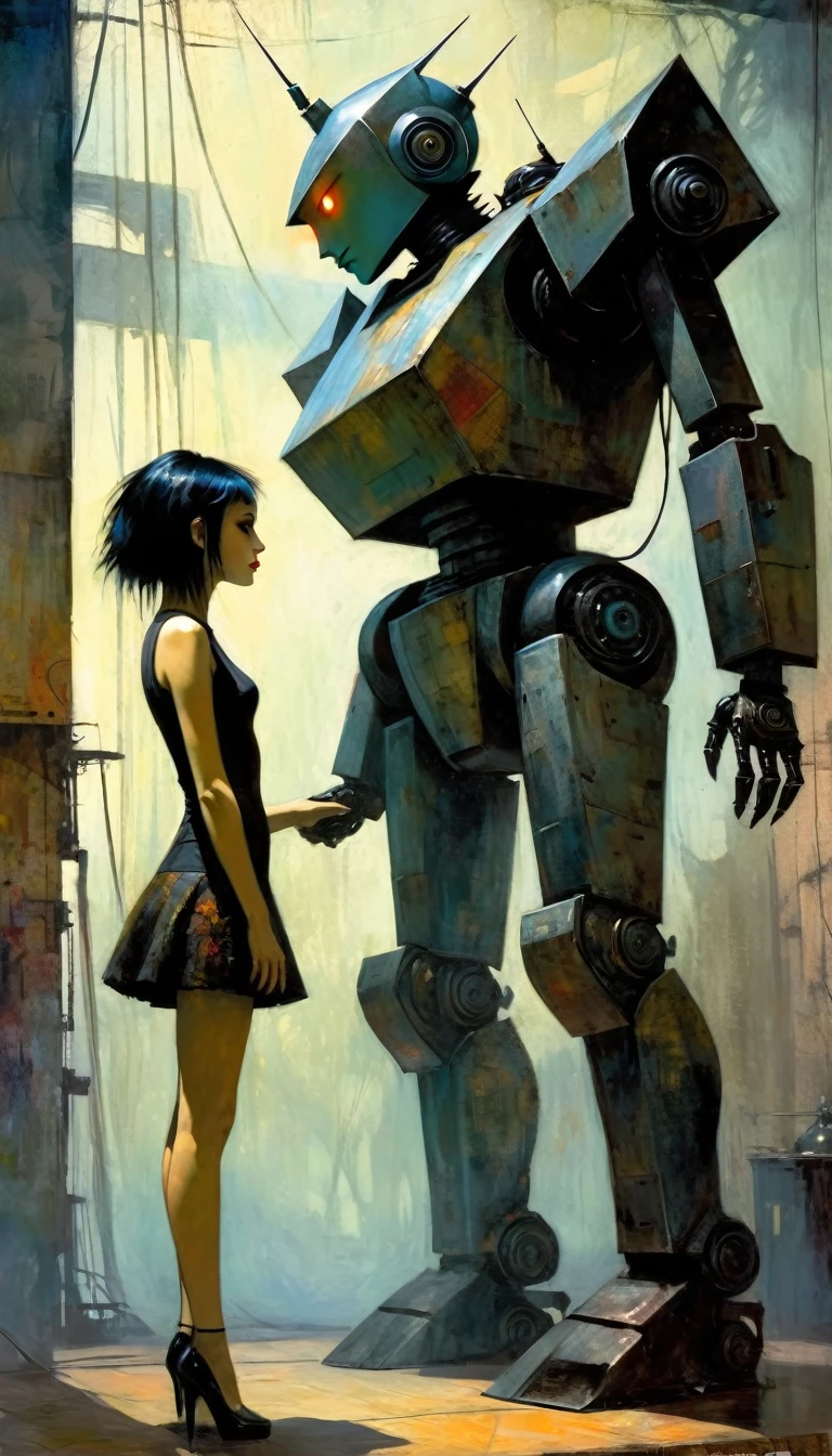 gothic punk sexy girl in love with robot giant monster (inspirational art by Dave McKean and Bill Sienkiewicz, oil painting, details of brush strokes that enhance depth) (best quality,4k,8k,highres,masterpiece:1.2),ultra-detailed,(realistic,photorealistic,photo-realistic:1.37),intricate details,vivid colors,sharp focus,professional,Dave McKean artwork, oil touch of surrealism,oil painting style,,dreamlike atmosphere,girl and giant robot, giant monster robot, sexy girl,shadow play,soft lighting,playful pose,minimalist room,dark hues,ethereal background,fantasy elements,texture,layered composition.