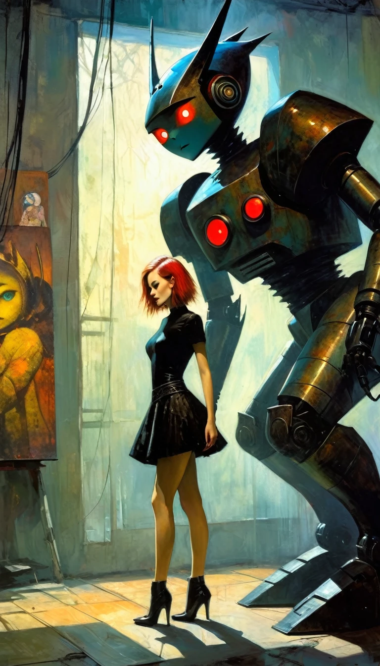 gothic punk sexy girl in love with robot giant monster (inspirational art by Dave McKean and Bill Sienkiewicz, oil painting, details of brush strokes that enhance depth) (best quality,4k,8k,highres,masterpiece:1.2),ultra-detailed,(realistic,photorealistic,photo-realistic:1.37),intricate details,vivid colors,sharp focus,professional,Dave McKean artwork, oil touch of surrealism,oil painting style,,dreamlike atmosphere,girl and giant robot, giant monster robot, sexy girl,shadow play,soft lighting,playful pose,minimalist room,dark hues,ethereal background,fantasy elements,texture,layered composition.
