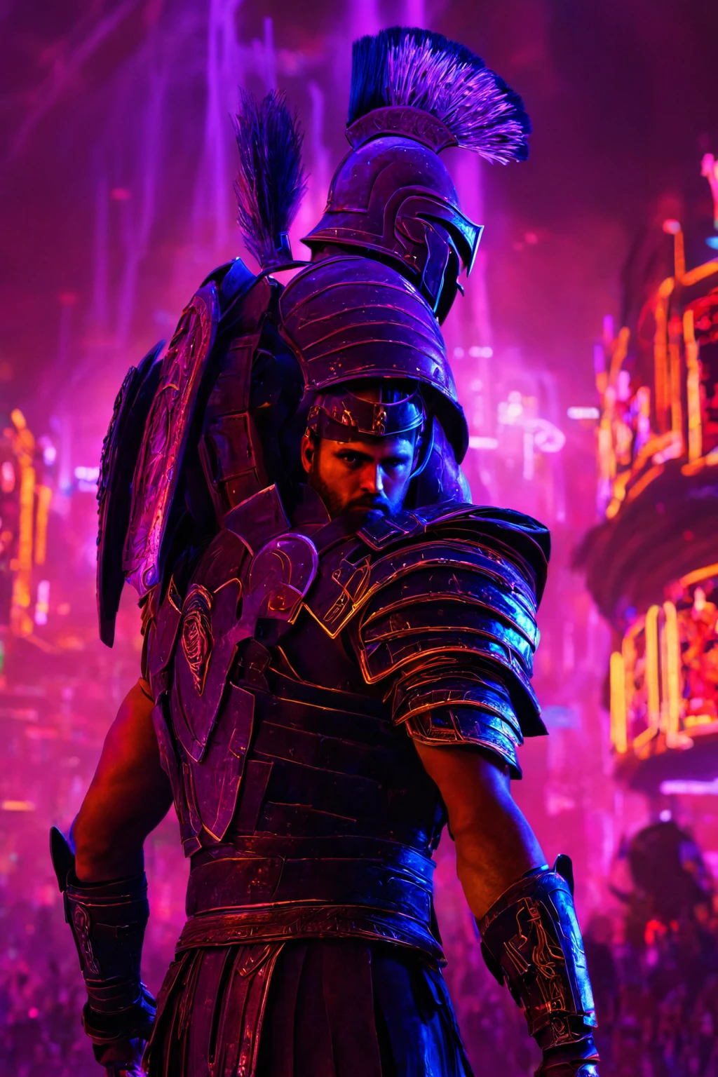 A lone gladiator stands poised and ready for battle in the heart of a futuristic cyberpunk colosseum. Drenched in the vibrant glow of neon lights, the gladiator's imposing figure dominates the foreground, while the vast expanse of the arena fades into a hazy blur in the distance. The air crackles with anticipation as the gladiator prepares to unleash their prowess upon their unsuspecting opponent.