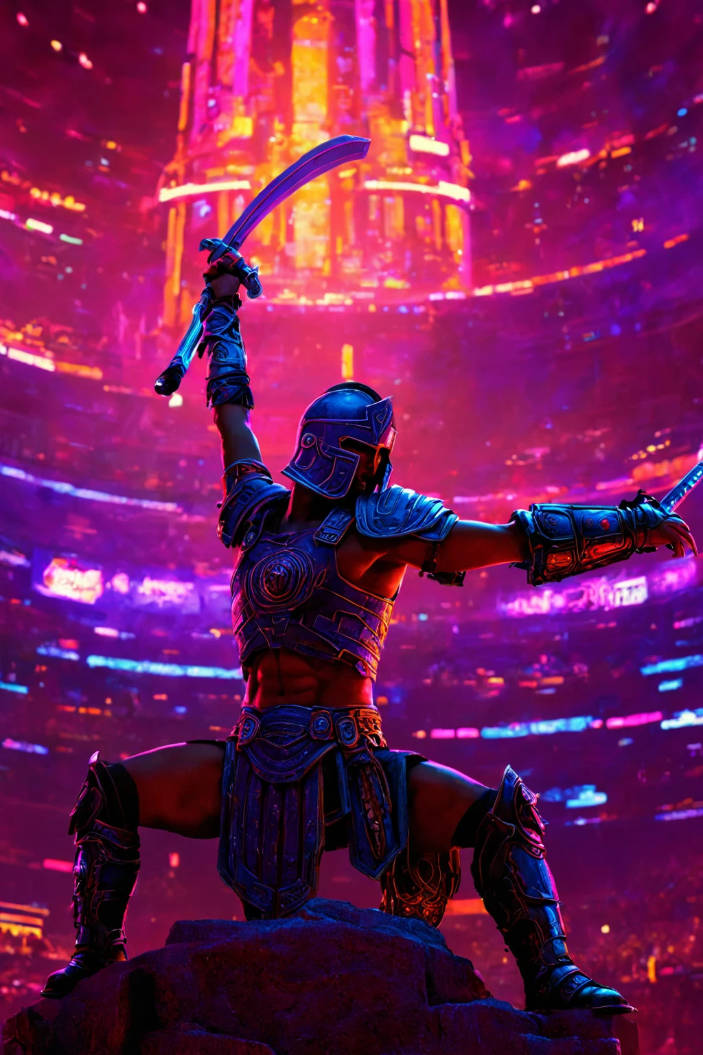 A lone gladiator stands poised and ready for battle in the heart of a futuristic cyberpunk colosseum. Drenched in the vibrant glow of neon lights, the gladiator's imposing figure dominates the foreground, while the vast expanse of the arena fades into a hazy blur in the distance. The air crackles with anticipation as the gladiator prepares to unleash their prowess upon their unsuspecting opponent.